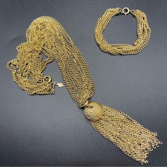 SARAH COVENTRY Gold Tone Multistrand Chain Dangle Tassel Necklace & Bracelet Set - Picture 2 of 7